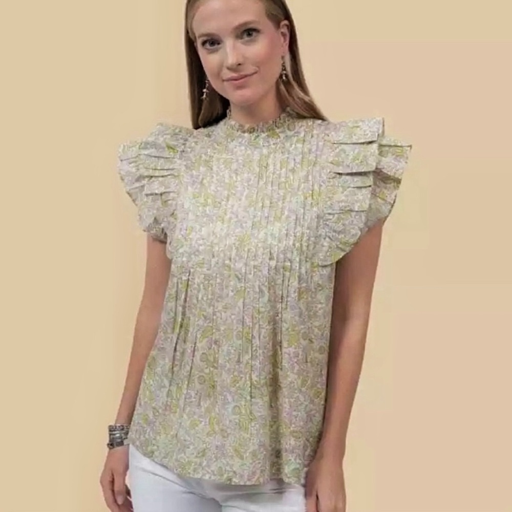 House of Harlow 1960 Pleated Floral Top Ruffle Sleeve 100% Cotton Size XS
